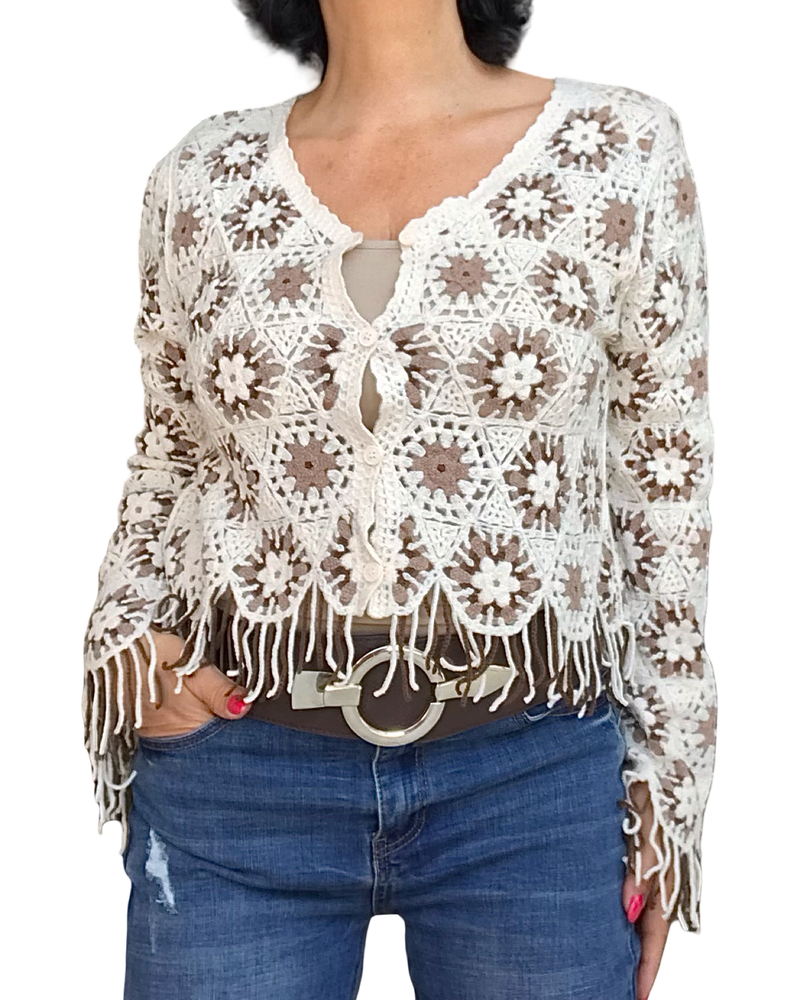 Cardigan en crochet crème et moka