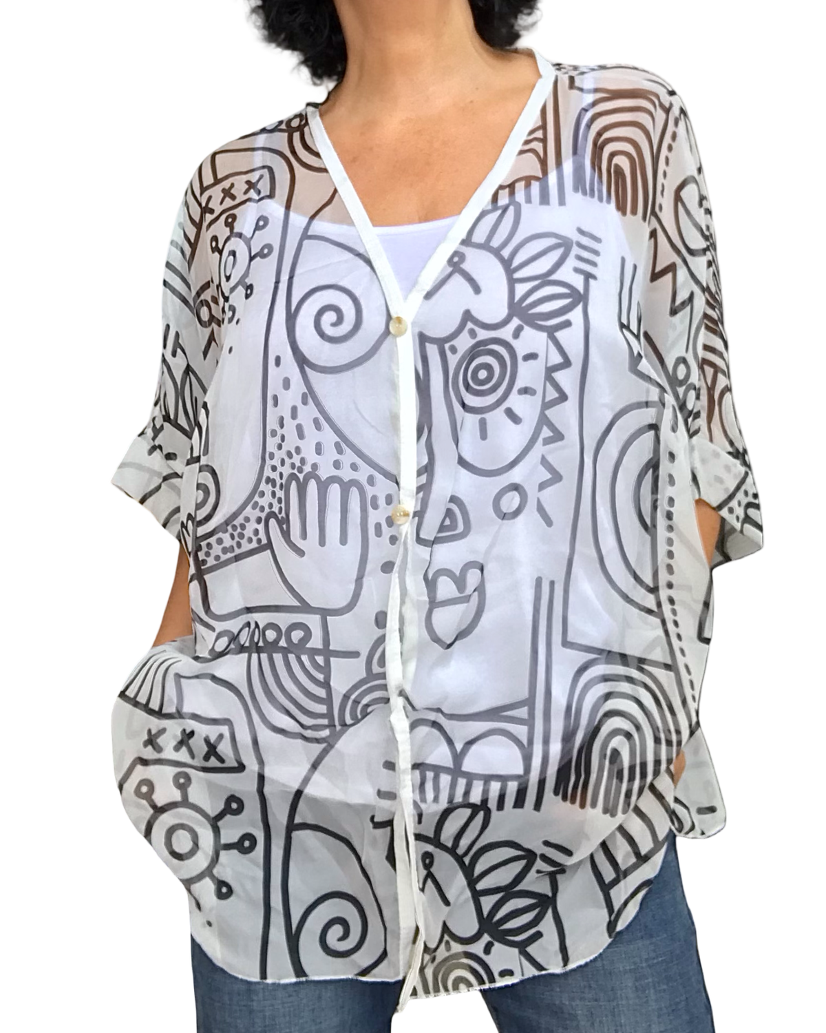 Chemise manche courte en voile imprimé visage noirs