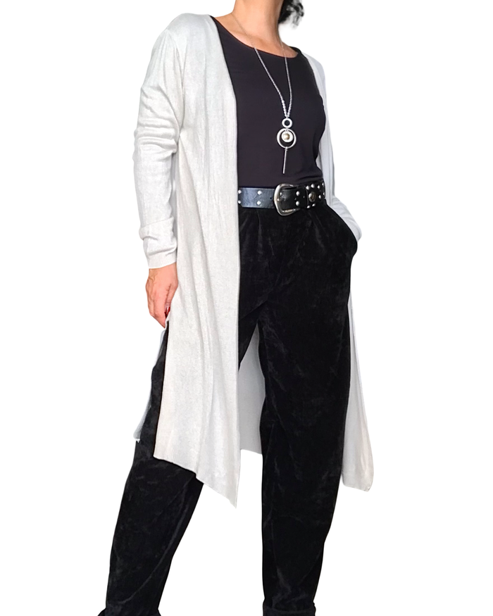 Cardigan femme beige uni long fendu de chaque coté