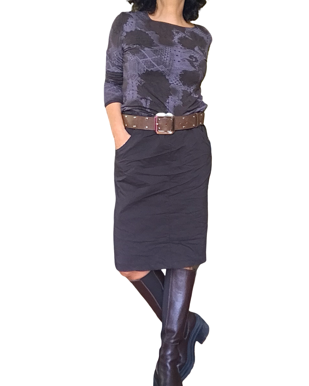 T-shirt brun fleuri ton sur ton, manche longue col rond