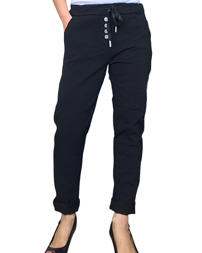 Pantalon noir à taille élastique avec 4 boutons sur la boutonnière et cordon