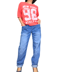 Jeans Funky bleu moyen délavé, cordon à la taille