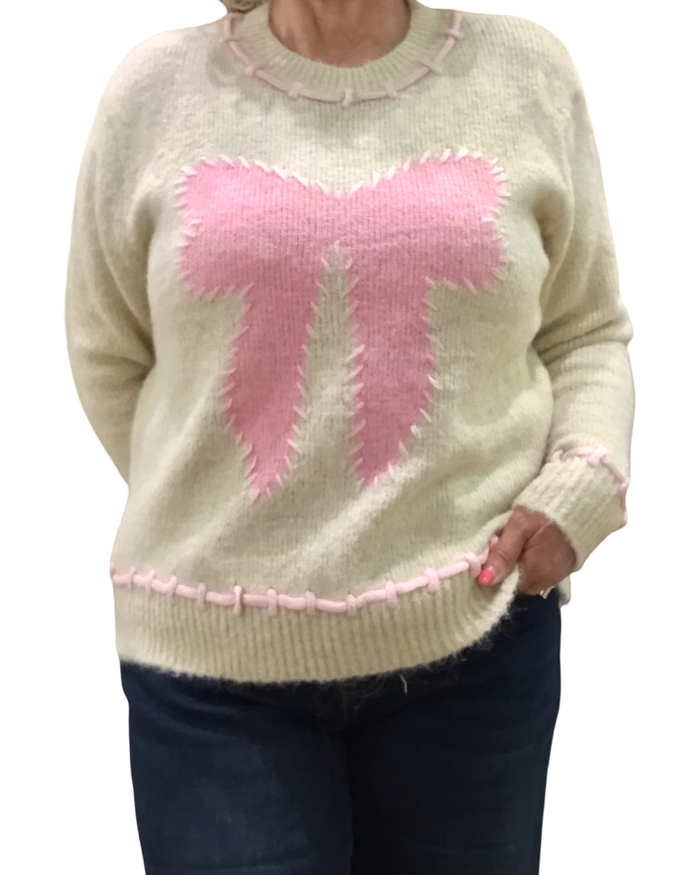 Chandail col rond beige en tricot avec une boucle devant
