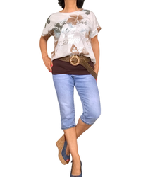 T-shirt col rond cordon au bas – imprimé fleuri kaki, sarcelle et noisette