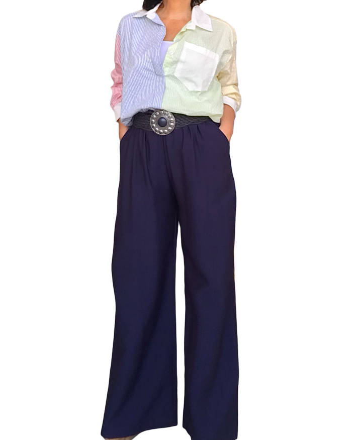Pantalon palazzo bleu marin taille élastique 30 pouces de jambe