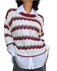 Chandail col rond en crochet à rayures crème, kaki et bourgogne