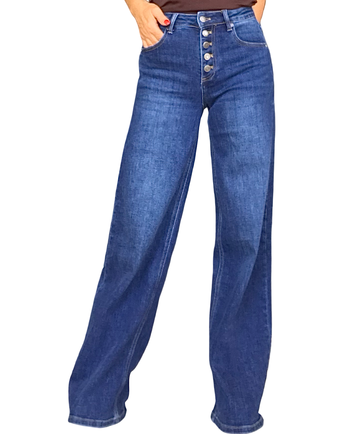 Jeans droit bleu foncé délavé taille haute à 5 boutons en métal – vue de face
