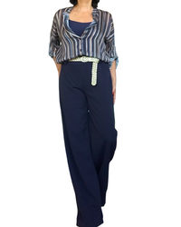 Pantalon droit marine avec un ruban noir comme ceinture, taille élastique