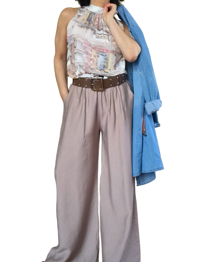 Camisole noué au cou avec paysage de Venise rose pâle