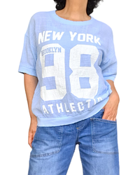 T-shirt uni bleu ciel manche courte col rond « 98 New York»