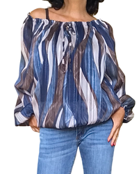 Blouse en voile marine imprimé zigzag vertical manches bouffantes