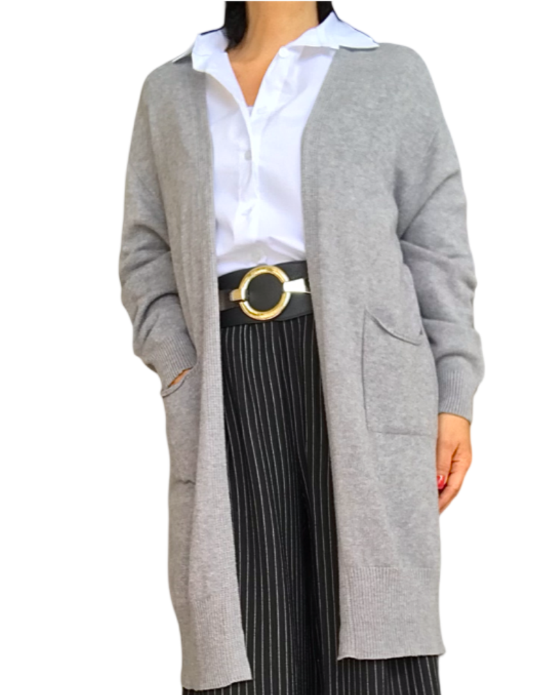 Cardigan femme gris uni long avec deux poches