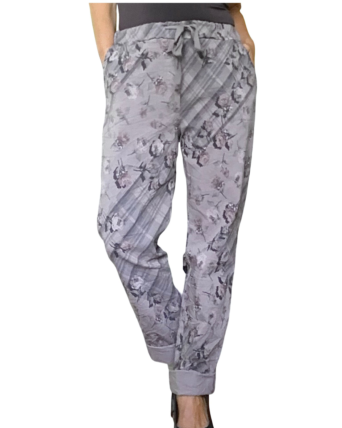 Pantalon à taille élastique moka imprimé floral brun avec cordon