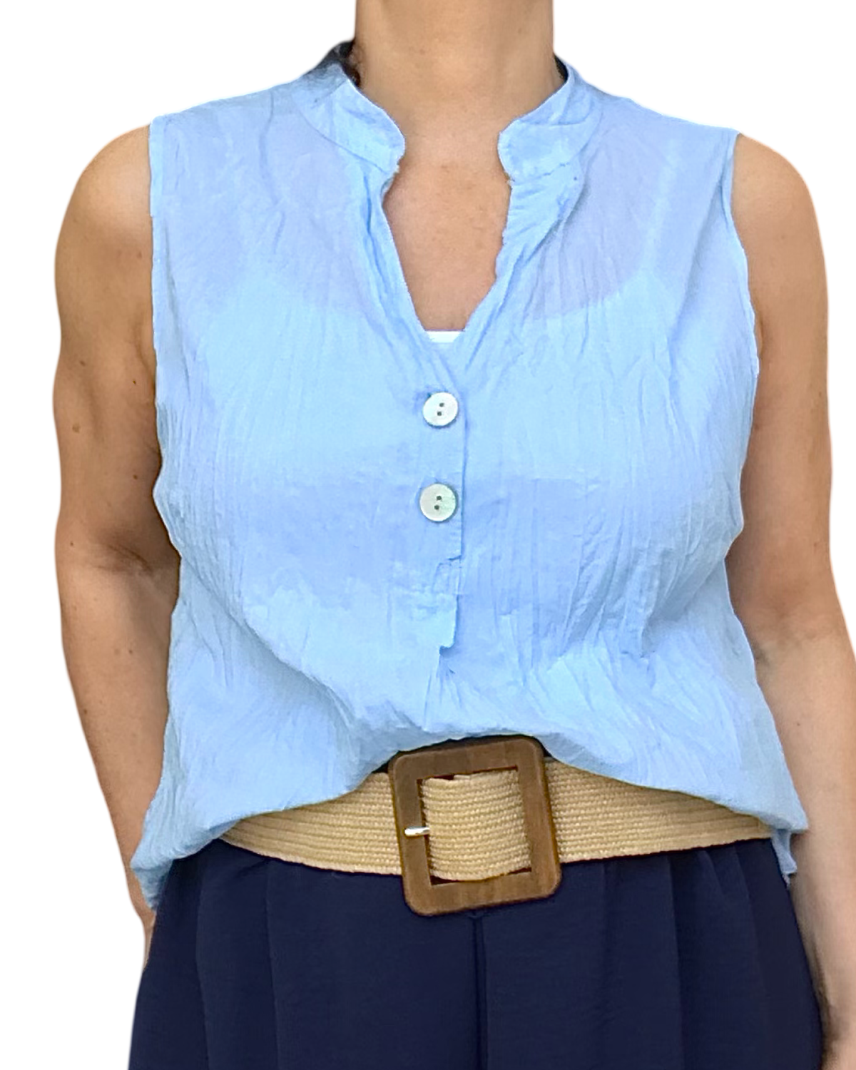 Blouse unie bleu indigo et bleu ciel sans manches col V chic