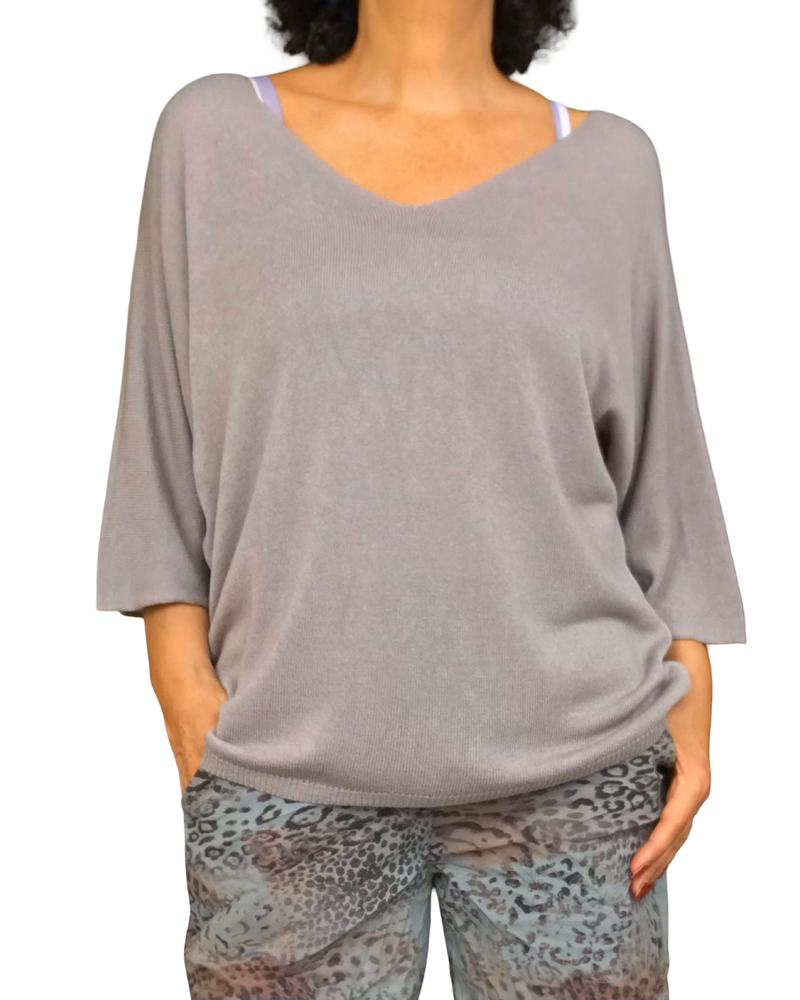 Chandail uni moka en tricot léger à manche 3/4 col en V