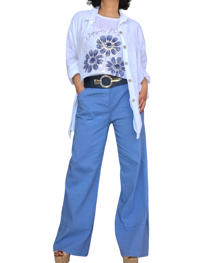 Pantalon jambe droite bleu jeans taille élastique avec cordon