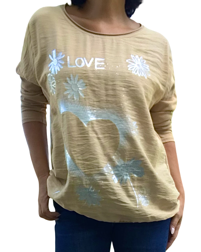 T-shirt manche longue camel avec imprimé argenté de fleur