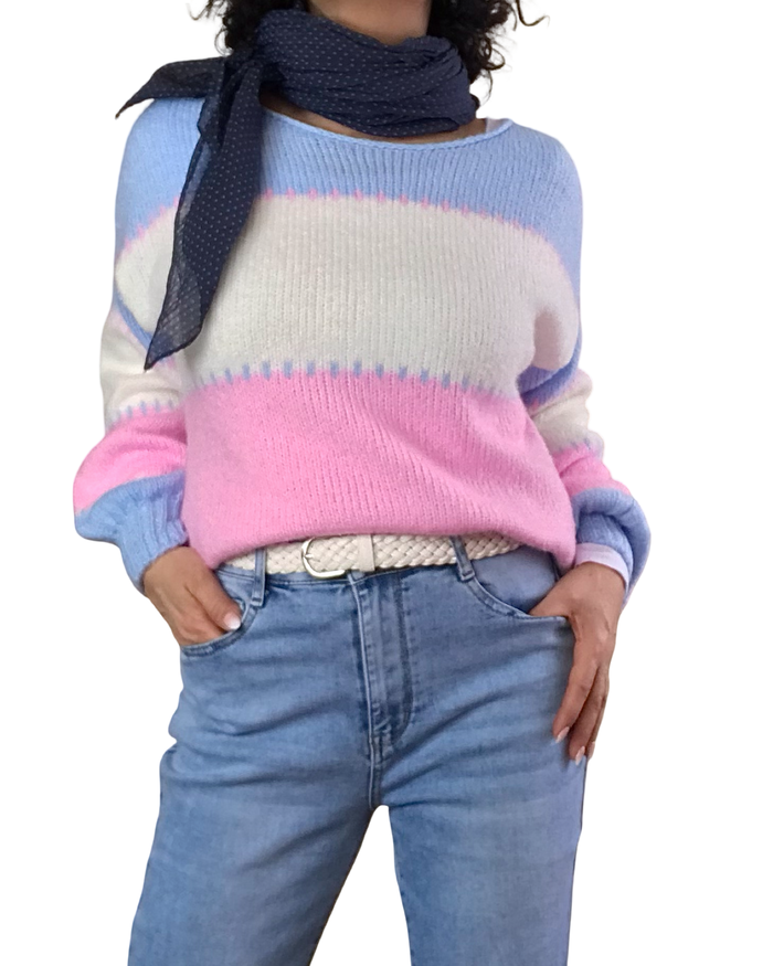Chandail col rond en tricot à rayures bleu ciel, rose pâle et blanc cassé