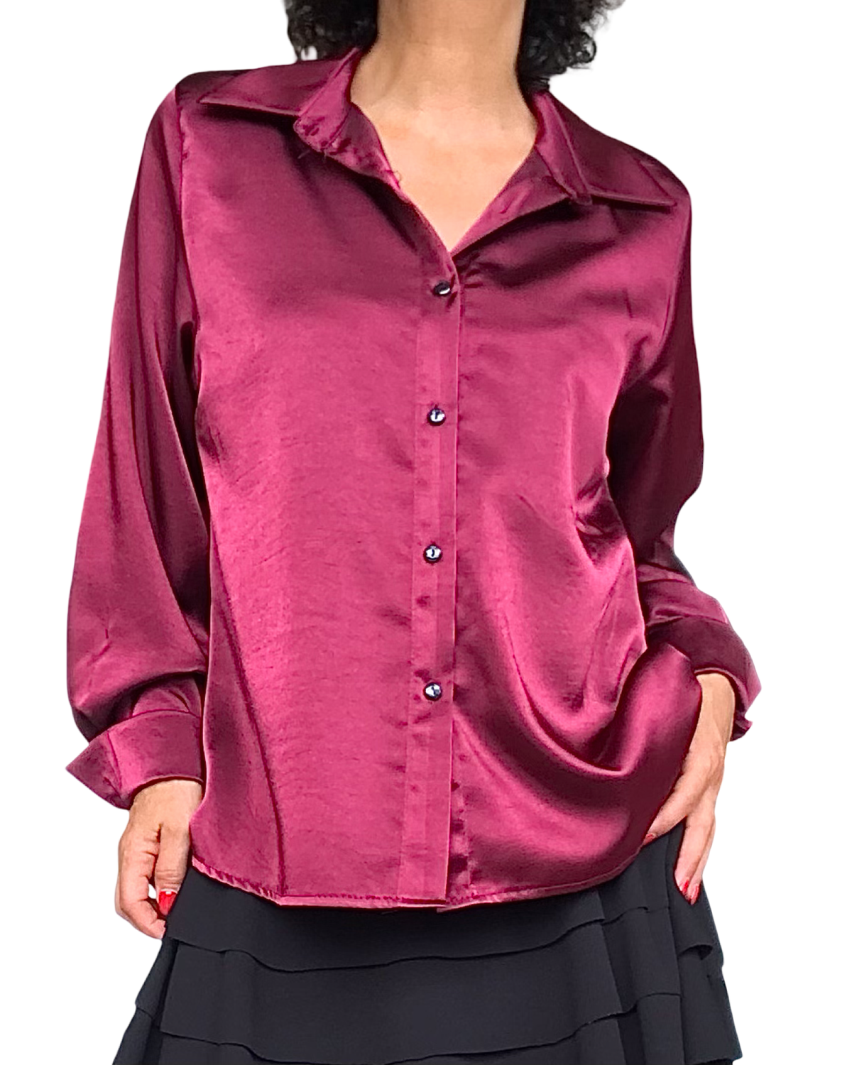 Chemise bourgogne en satin à manche longue avec boutons noirs