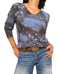 T-shirt manche longue imprimé arty bleu jeans, brun, gris et noir