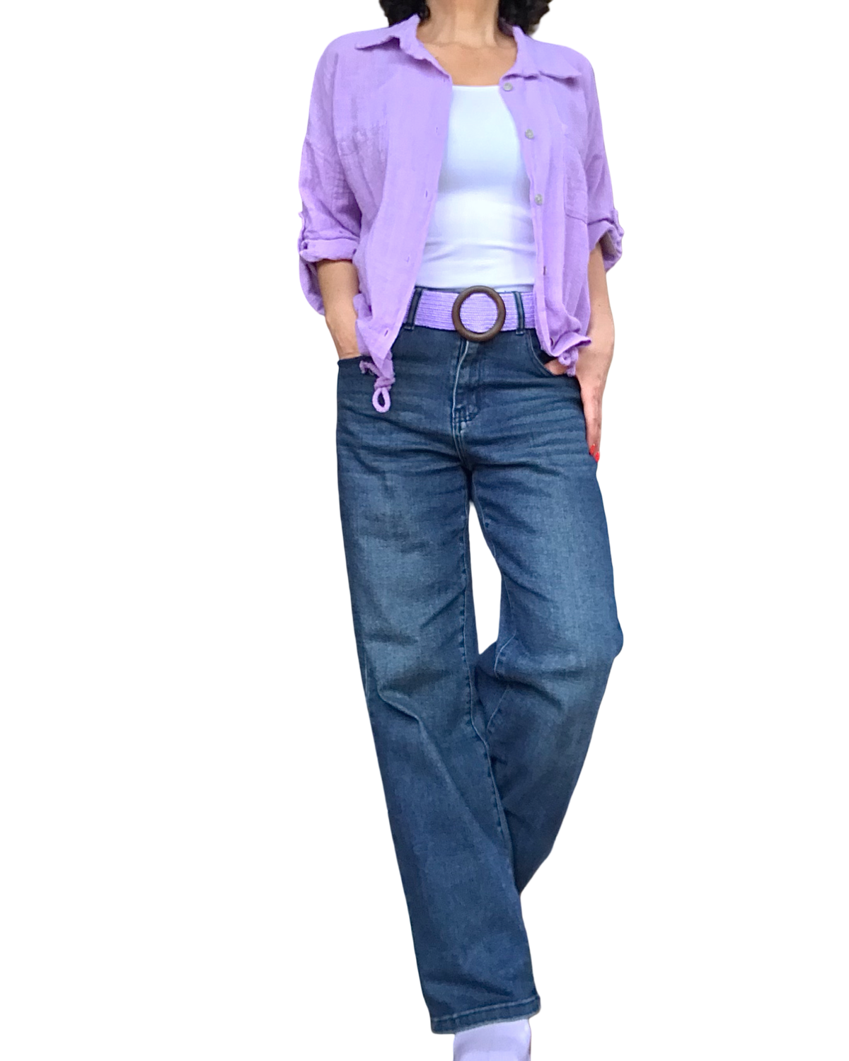 Chemise lilas manche courte avec deux poches appliquées devant et cordon au bas
