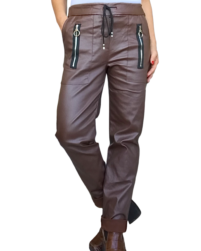 Pantalon brun en similicuir à taille élastique avec cordon garni de zip