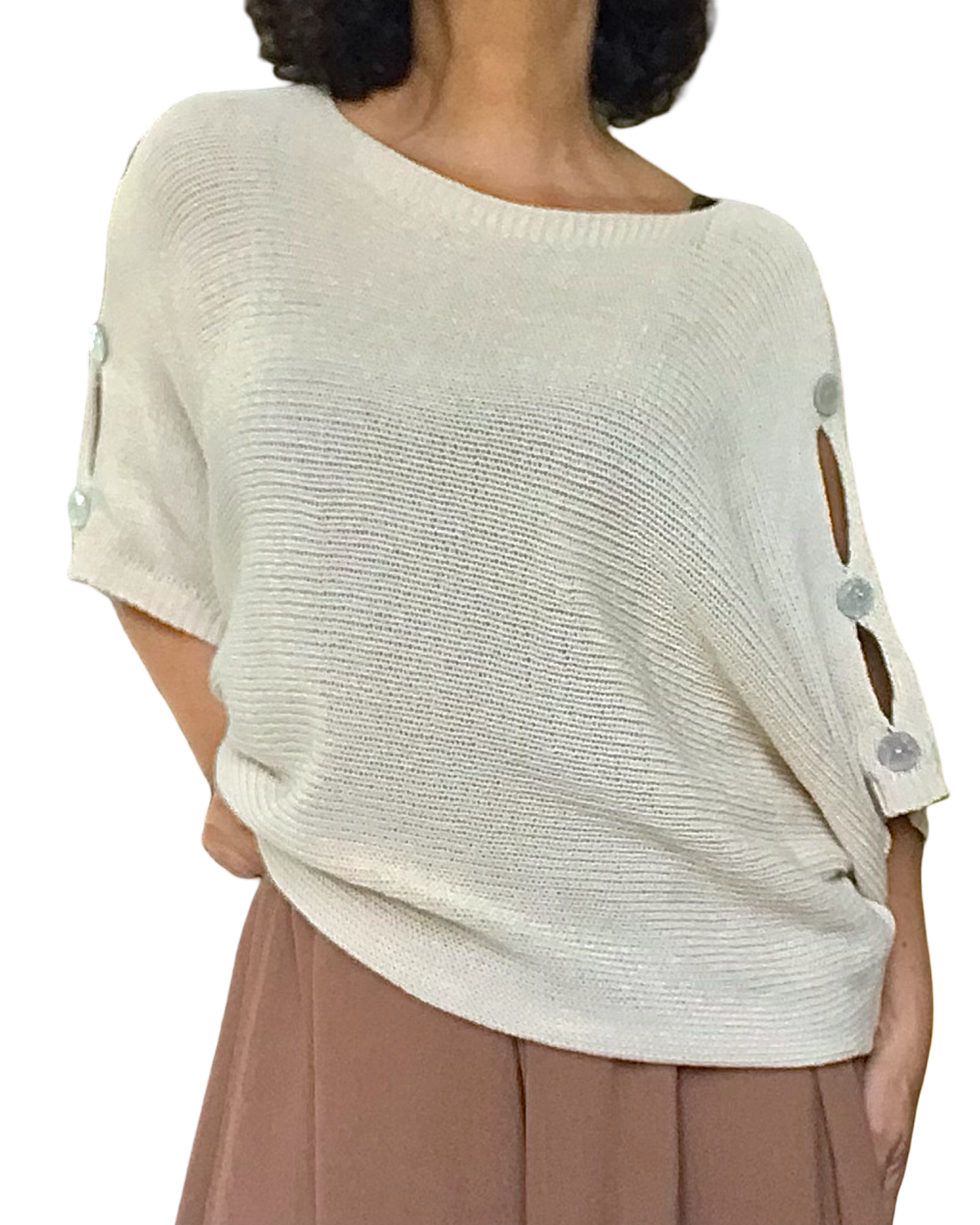 Chandail uni beige en tricot avec ouvertures sur les épaules