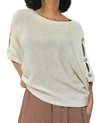 Chandail uni beige en tricot avec ouvertures sur les épaules