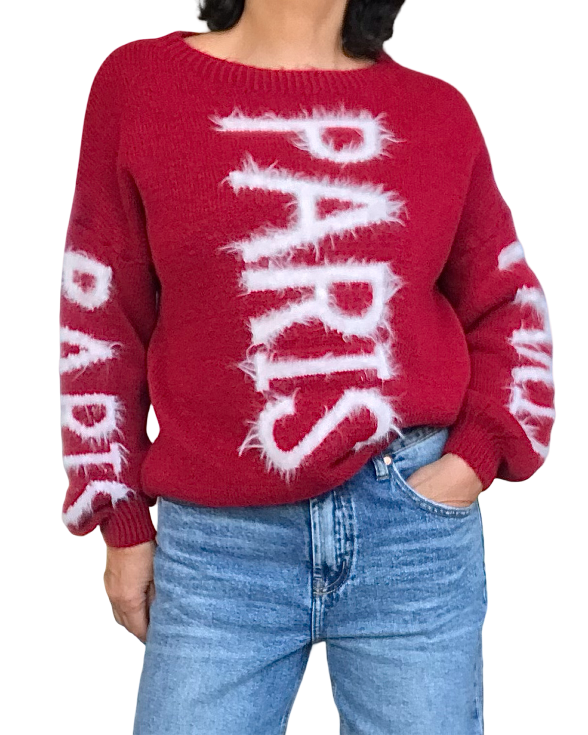 Chandail col rond en tricot rouge avec « Paris » écrit en blanc sur le devant et sur les manches