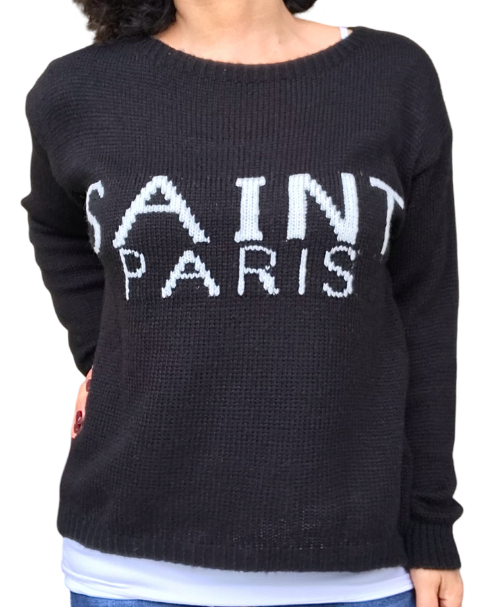 Chandail en tricot noir « Saint Paris » col rond