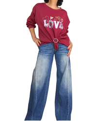 Chandail uni bourgogne col rond en jersey « Love »