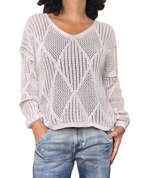 Chandail uni beige en crochet motif losange, manche longue
