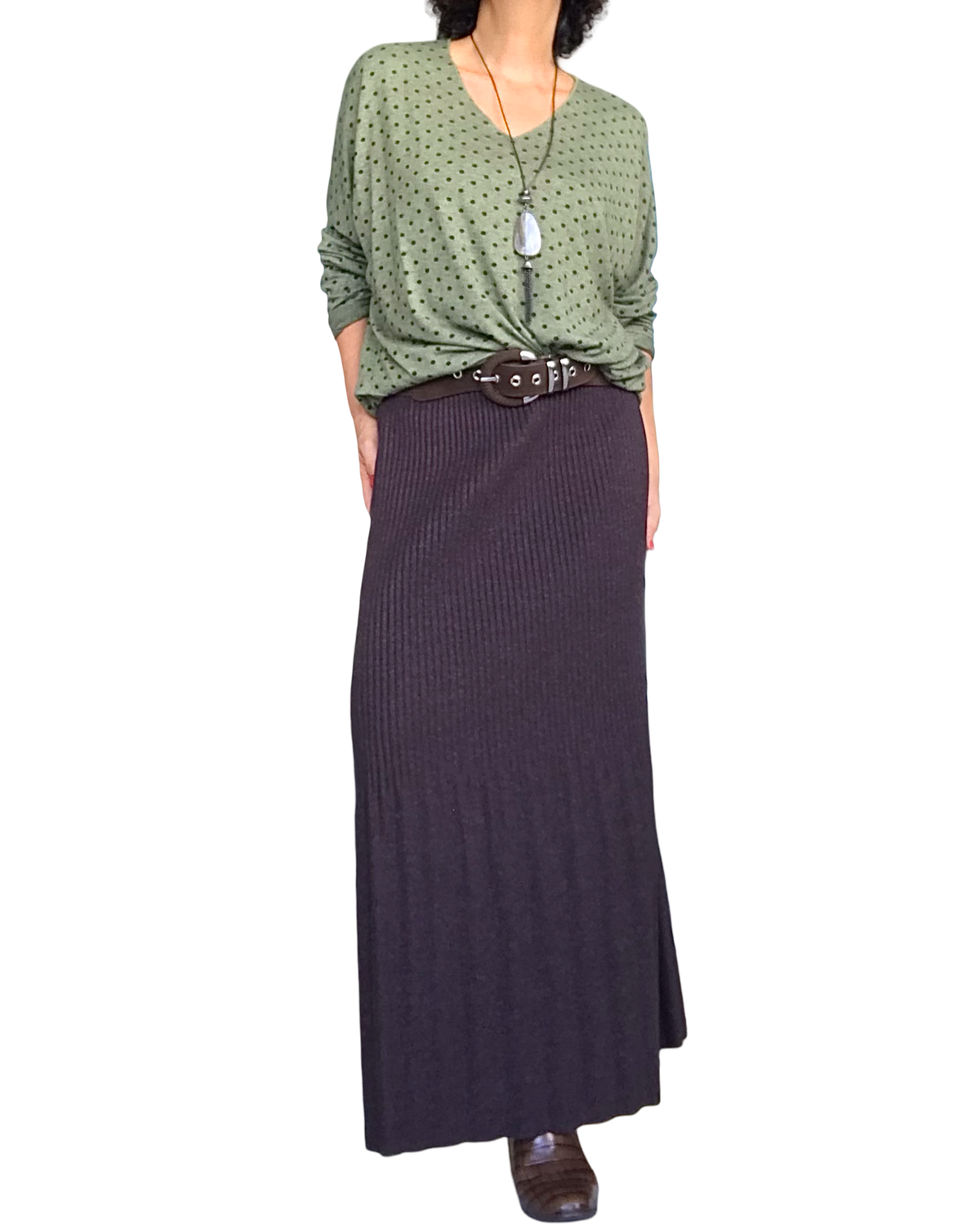 Jupe longue en tricot brun chiné