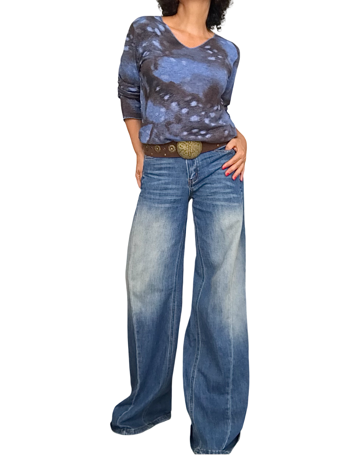 T-shirt manche longue imprimé arty bleu jeans, brun, gris et noir