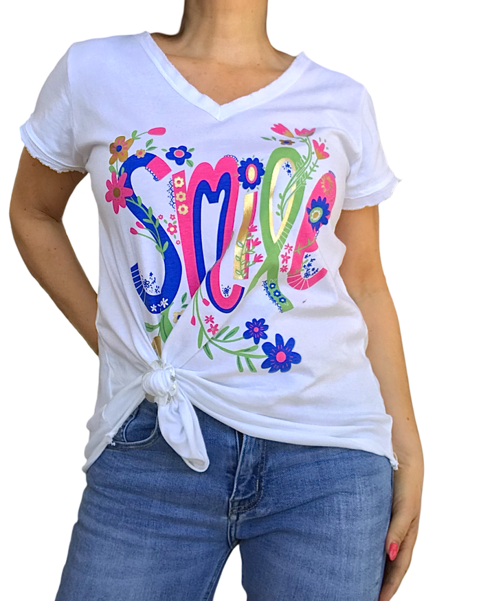 T-shirt blanc col en V «  smile » coloré et doré