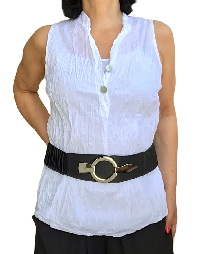 Blouse unie brune et blanche sans manches col V chic