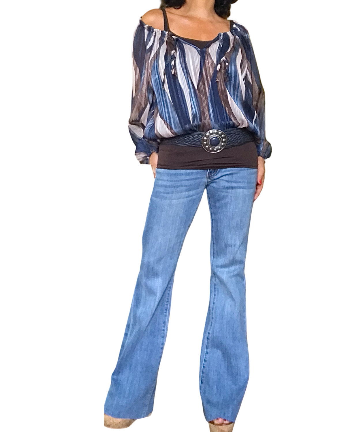 Blouse en voile marine imprimé zigzag vertical manches bouffantes