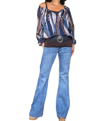 Blouse en voile marine imprimé zigzag vertical manches bouffantes