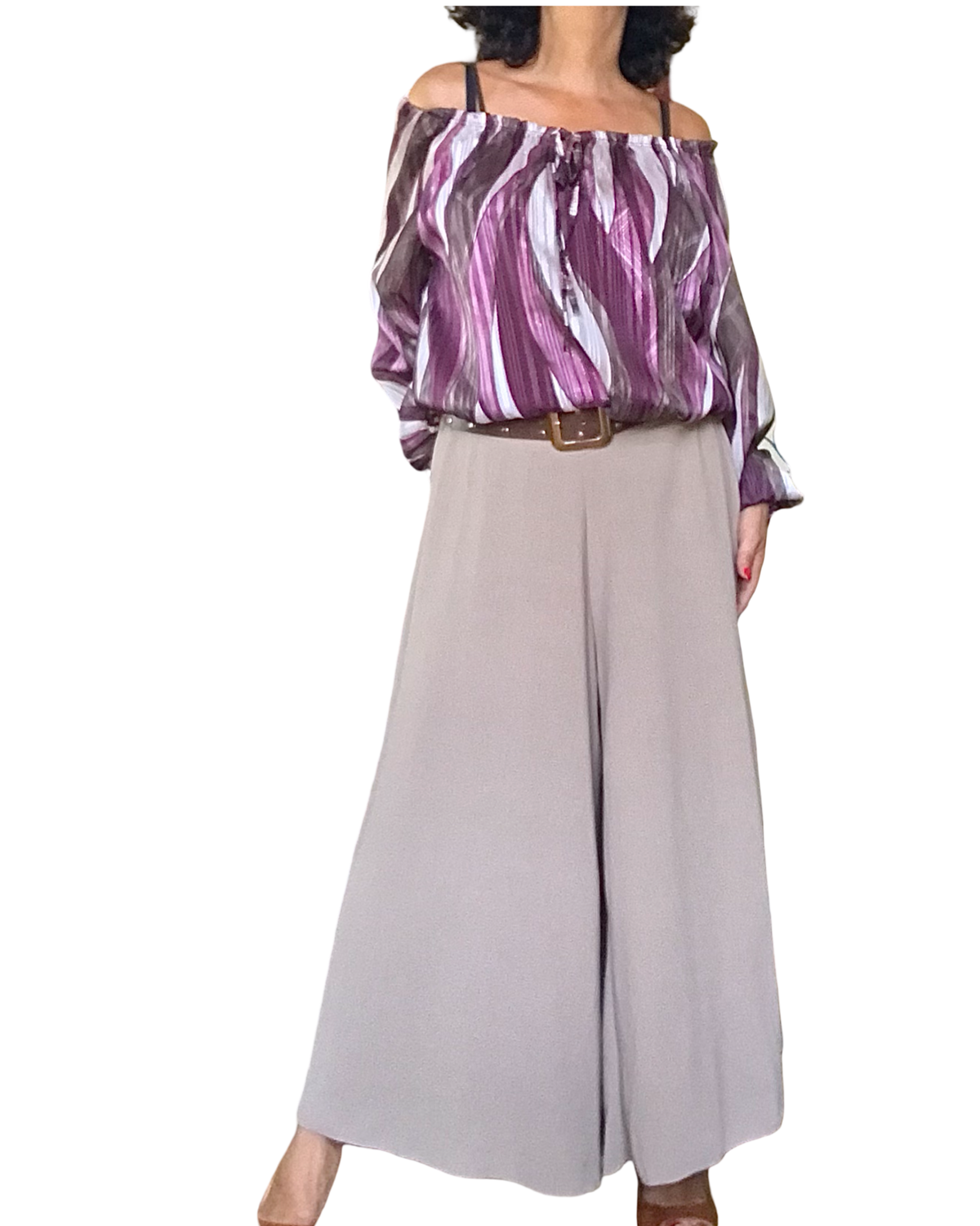 Blouse en voile bourgogne imprimé zigzag vertical manches bouffantes
