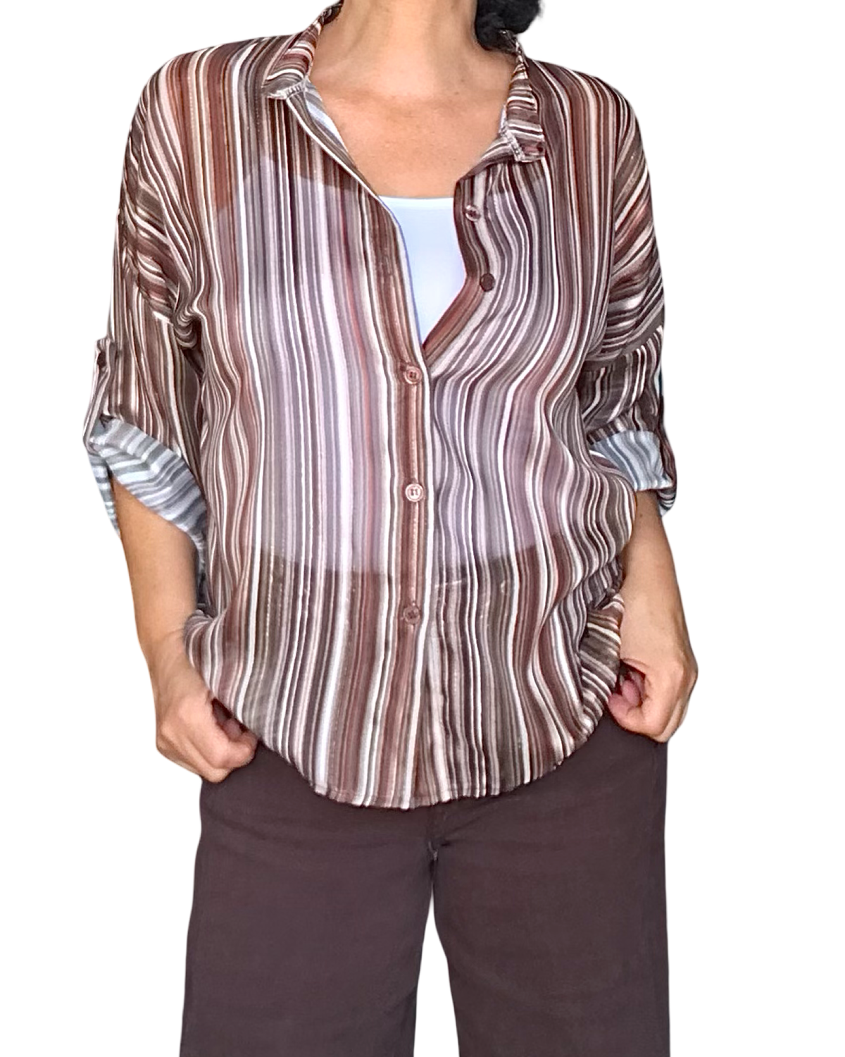 Chemise brune à rayures verticales, manche 3/4 en voile