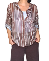 Chemise brune à rayures verticales, manche 3/4 en voile