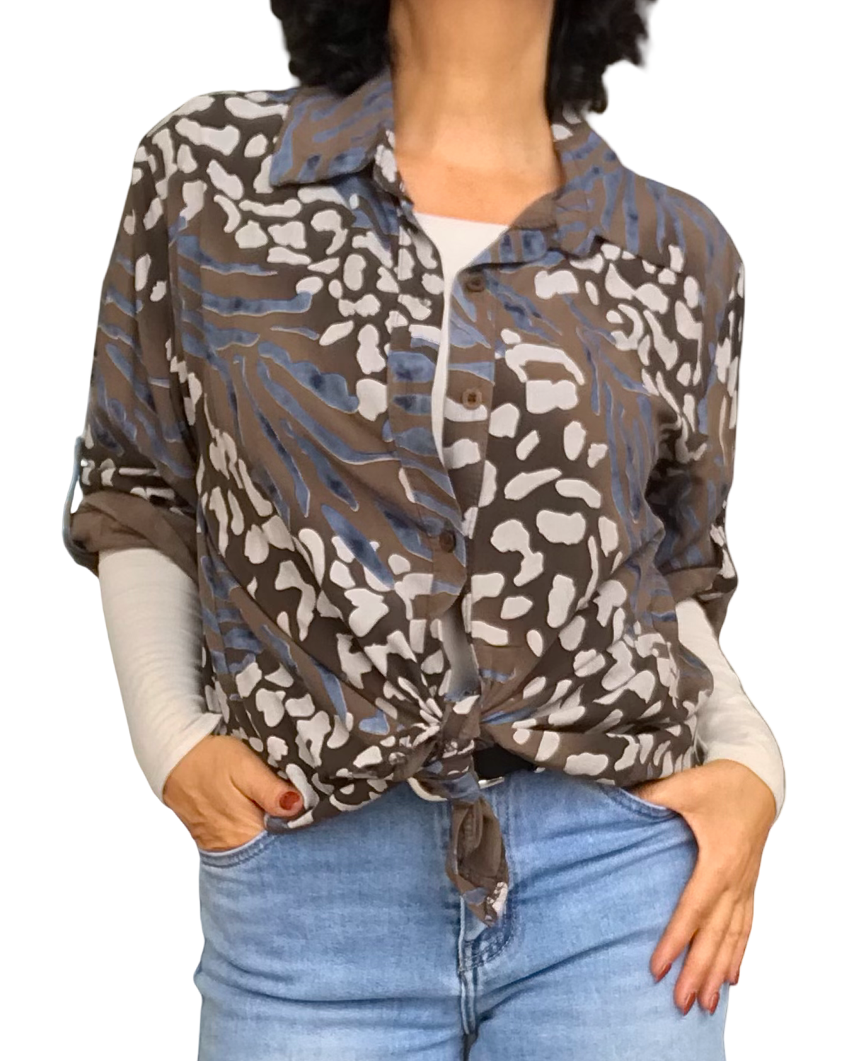 Chemise brune à manche 3/4 avec imprimé léopard