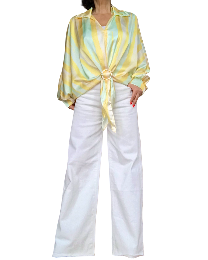 Blouse en satin rayé jaune, vert et blanc manche chauve-souris