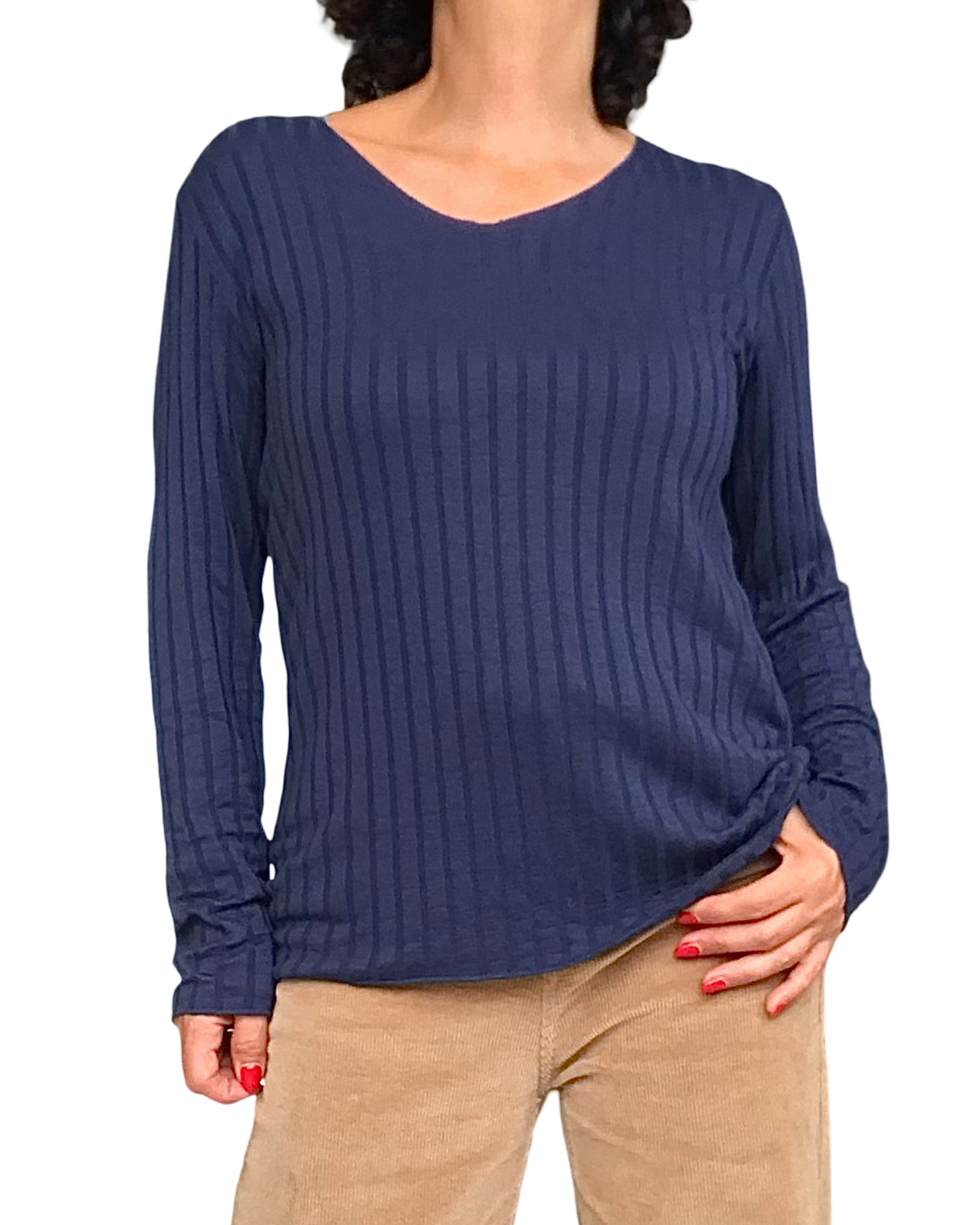 Chandail uni marine en rib col en V manche longue