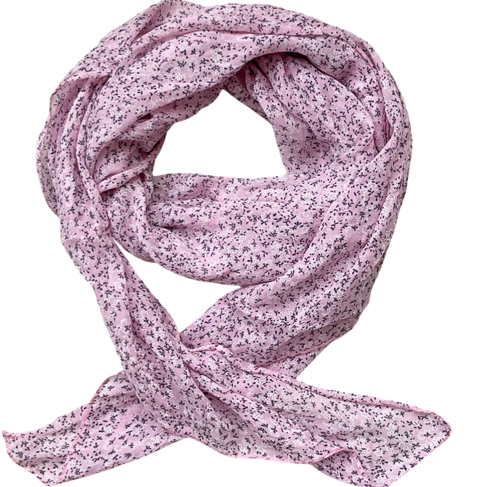 Foulard rose pâle petit fleuri marine et blanche 20% soie et 80% coton