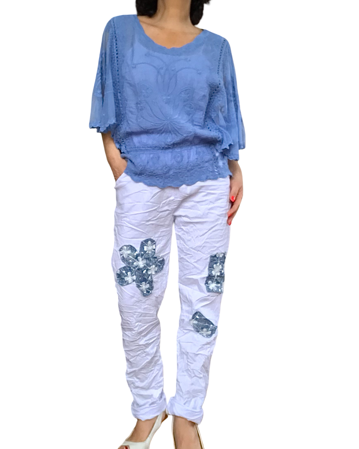 Pantalon blanc avec patch bleu jeans à taille élastique avec cordon