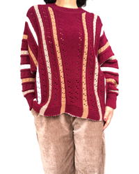 Chandail en tricot rouge vin en pointel rayures verticales, manche longue