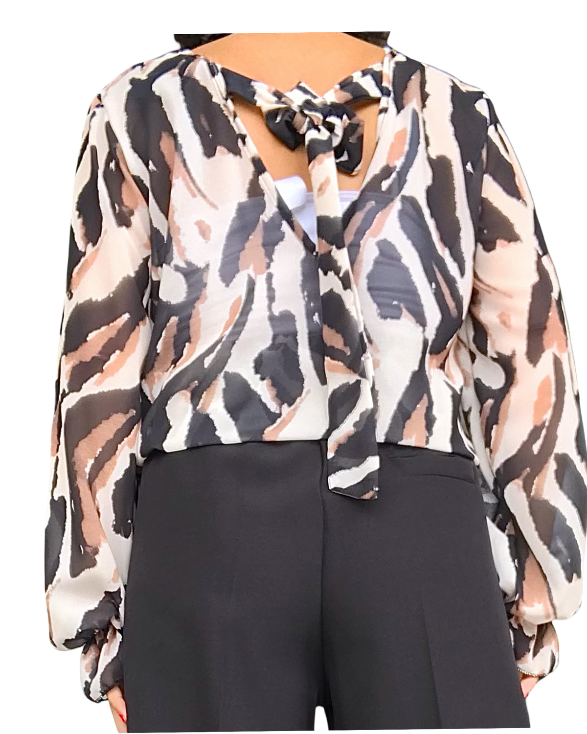 Blouse romantique en voile zébré crème, noire et camel, manches longues