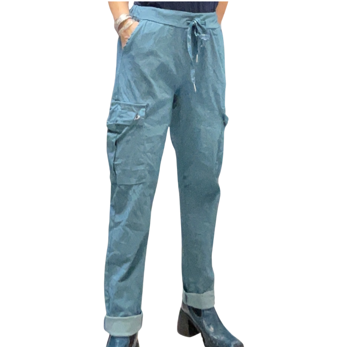 Pantalon à taille élastique vert émeraude poche cargo