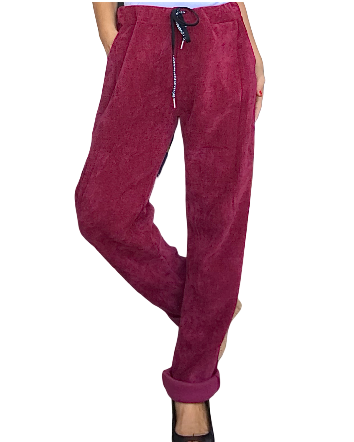 Pantalon bourgogne en corderoy à taille élastique avec cordon